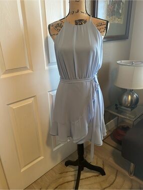 Naked Zebra Light Blue Halter Ruffle Wrap Mini Dress